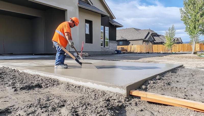 Construction worker smoothing fresh concrete in front of residential home on a sunny day Construction worker smoothing fresh concrete in front of residential home on a sunny day.